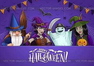 Happy Halloween banner with holiday characters - vector clip art