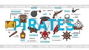 Piracy, pirate and corsair items, outline icons - vector clipart