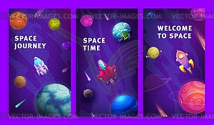 Cartoon space posters, journey to galaxy cards - vector clipart