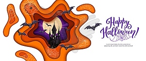 Вырезанный из бумаги на Хэллоуин полуночный замок, паутина, летучие мыши - векторизованное изображение
