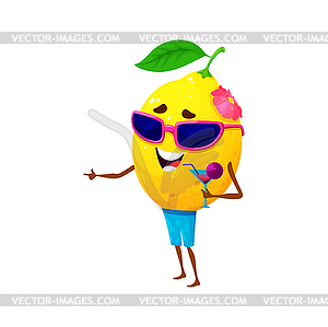 Cartoon lemon character sipping colorful cocktail - vector clip art