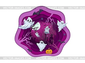 Вырезанные из бумаги летающие призраки на Хэллоуин, летучая мышь на кладбище - изображение векторного клипарта