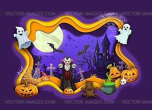 Halloween paper cut banner with ghosts on cemetery - color vector clipart