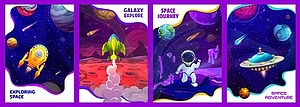 Cartoon space posters with spaceships, astronaut - vector clipart