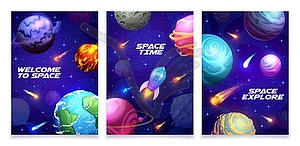 Cartoon space posters, galaxy spaceship, planets - vector clipart