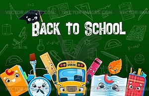 Back to school poster cheerful supply characters - vector clipart / vector image