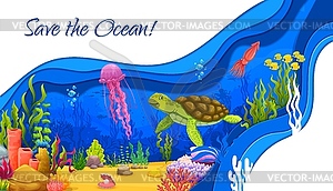 Океанские животные подводный пейзаж, вырезанный из бумаги - векторный графический клипарт