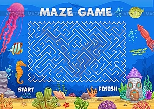 Labyrinth maze, help seahorse find house in sea - vector image