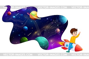 Cartoon kid flying on space rocket in galaxy - vector image