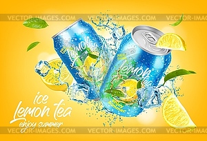 Ice lemon tea can and cubes, drink splash with ice - vector clipart