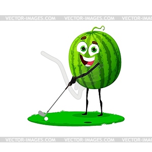 Cartoon watermelon cute character playing golf - vector clip art