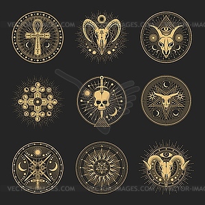 Esoteric tarot symbols, magic occult pentagramms - vector clipart