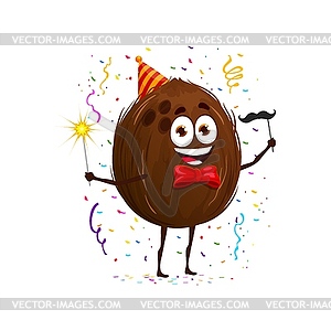 Cartoon coconut nut character on birthday holiday - vector image