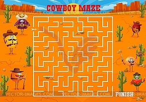 Western labyrinth maze game, cartoon cowboy fruits - vector clipart