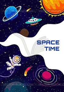 Space poster, kid astronaut in outer space and ufo - vector image