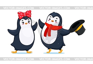 Cartoon cute funny penguin boy and girl characters - vector image