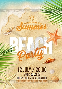 Флаер для пляжной вечеринки, песок и морские звезды, пальмовые листья - векторный клипарт