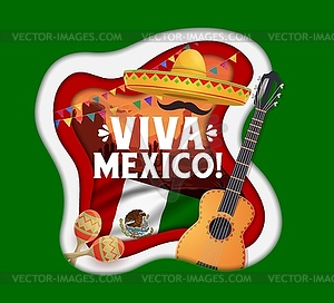 Viva mexico paper cut banner with mexican symbols - vector image