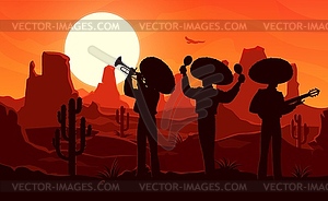 Mexican mariachi musicians silhouettes at desert - vector image