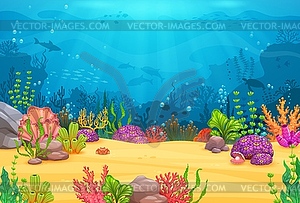 Game level. Cartoon underwater landscape with fish - vector image