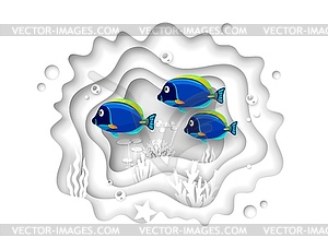 Underwater sea paper cut landscape, tropical fish - vector image