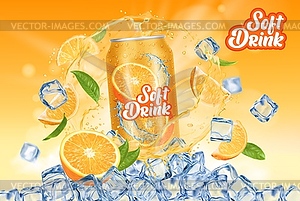 Orange drink can, juice splash and ice cubes, soda - vector image