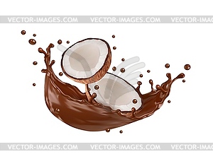 Realistic chocolate milk wave splash and coconut - vector image