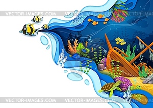 Cartoon sea paper cut underwater with sunken ship - vector image