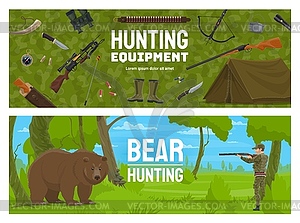 Hunting sport equipment, bear animal with hunter - vector image