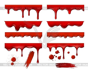 Red syrup drip and melt flow, liquid drops, blots - vector EPS clipart