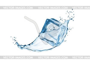 Water flow with splash and ice cube, 3d - vector clip art