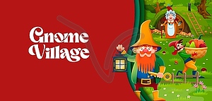 Paper cut banner with cartoon gnomes at village - vector image