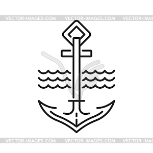 Значок якоря морской лодки или судна и линии волны - изображение в векторе