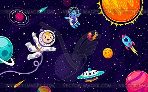 Cartoon kid astronaut, alien and rocket at galaxy - vector clipart