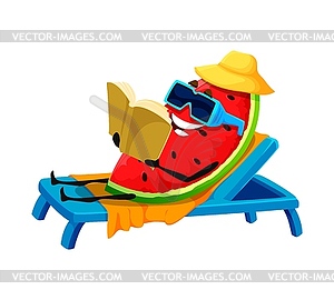 Cartoon watermelon character sunbathing on beach - vector clipart