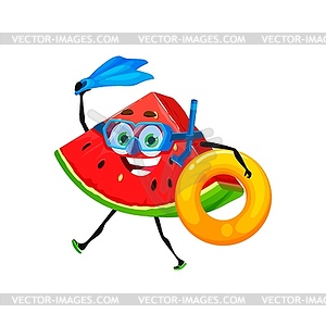 Cartoon watermelon character diving on vacation - vector clip art