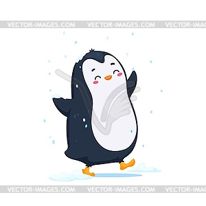 Cartoon cute funny penguin embraces snowfall - vector clipart