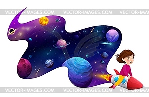 Cartoon kid girl flying on rocket, space landscape - vector clipart