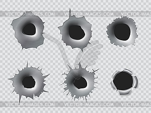 Realistic bullet holes of gun shot, bullet cracks - vector image