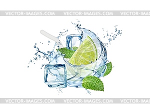 Mojito drink wave splash with lime, ice cubes - vector clipart