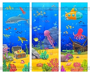 Cartoon underwater landscape banners, undersea - vector image