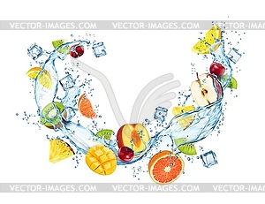 Swirl water flow wave splash with tropical fruits - vector clipart / vector image