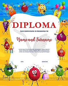 Kids diploma with cartoon fruits on beach party - vector clipart