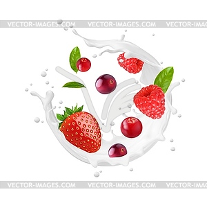 Milk or yoghurt swirl wave splash with berries - vector image