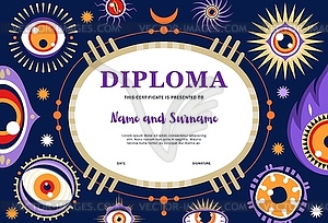 Kids wizard diploma with magical witchcraft eyes - vector clipart