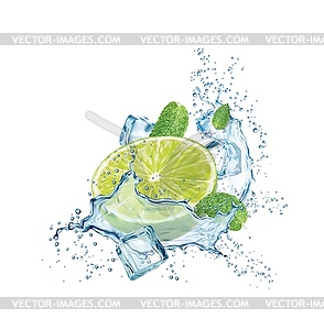 Mojito splash with lime, ice and mint leaves - vector clip art