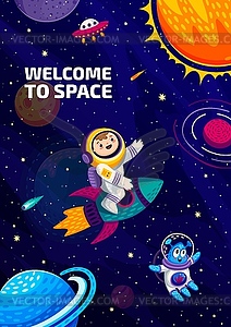 Cartoon space poster with kid astronaut on rocket - vector clipart / vector image