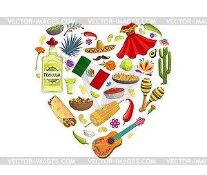 Люблю Мексику в форме сердца с музыкальными инструментами - изображение в векторе / векторный клипарт