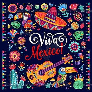 Viva Mexico holiday banner with toucan or sombrero - vector image