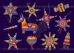 Cartoon mexican holiday pinatas, decorative items - vector image